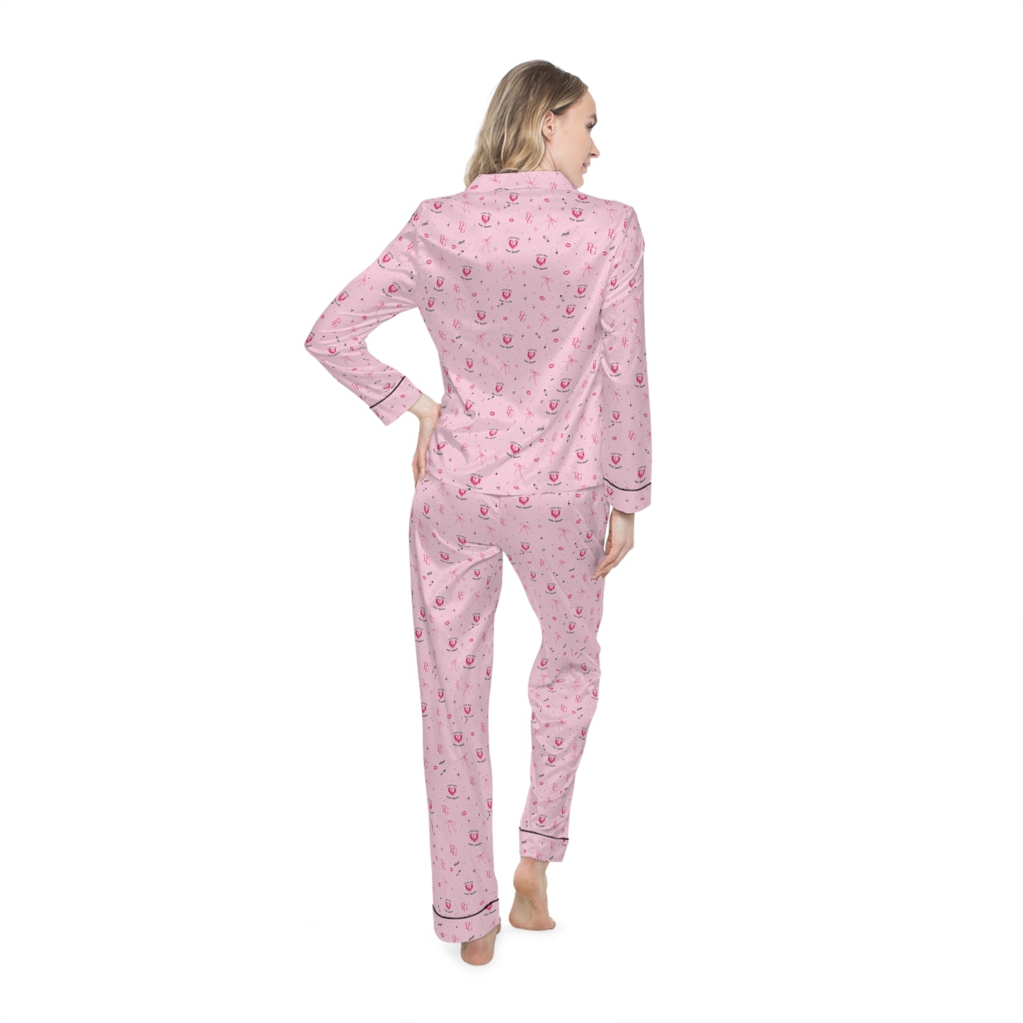Pink Satin Women's Pajama Set — Cute Floral All-Over Print Sleepwear