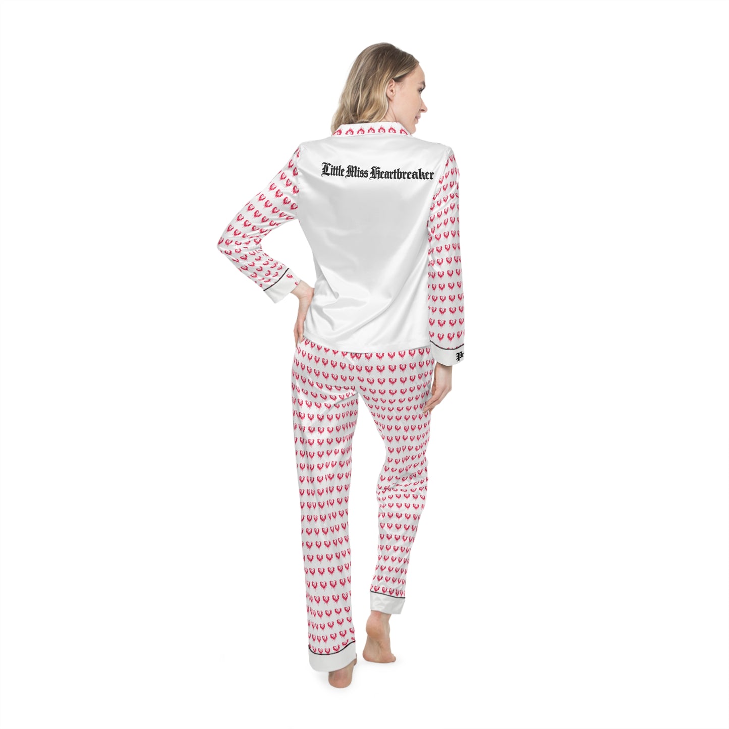 Women's Satin Pajama Set - Pink Heart Allover Print Sleepwear