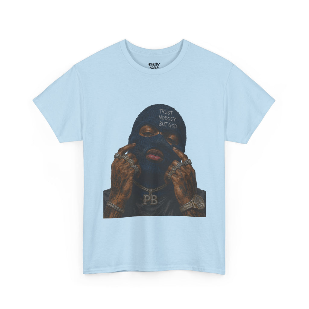 Graphic Tee — Masked Portrait with 'PB' Tattoo Streetwear