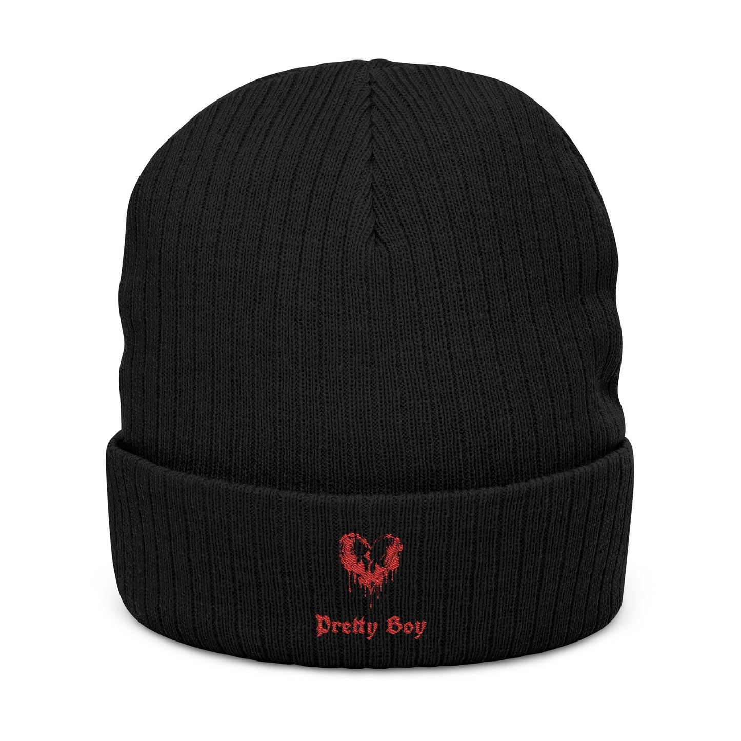 Embroidered "Pretty Boy" Red Heart Beanie - Ribbed Knit Cuffed Winter Hat