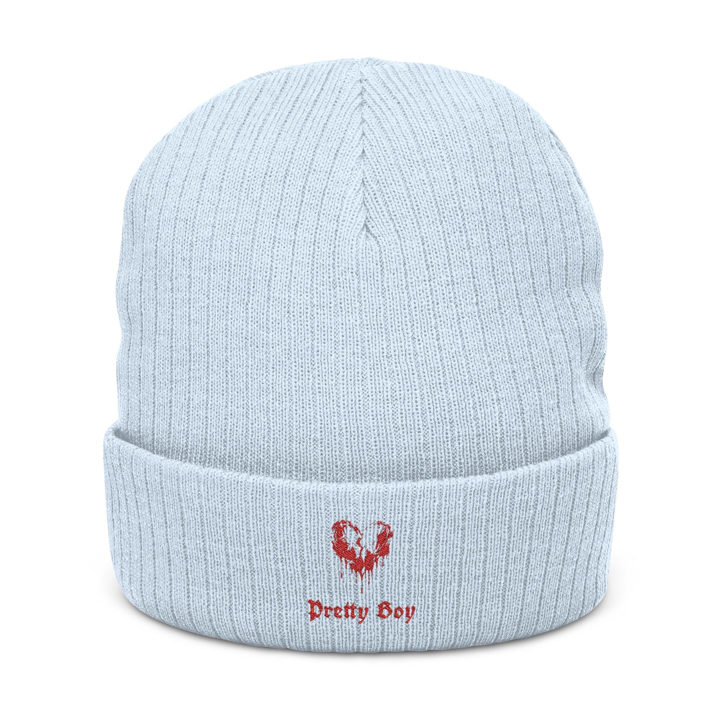 Embroidered "Pretty Boy" Red Heart Beanie - Ribbed Knit Cuffed Winter Hat