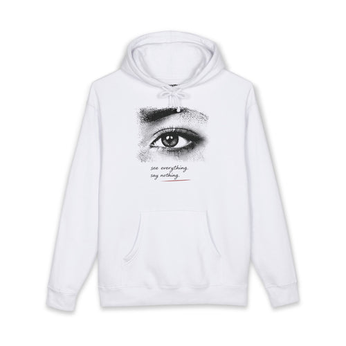 Eye Graphic Hoodie with 'You Everything, Say Nothing' Text — Minimalist White Pullover