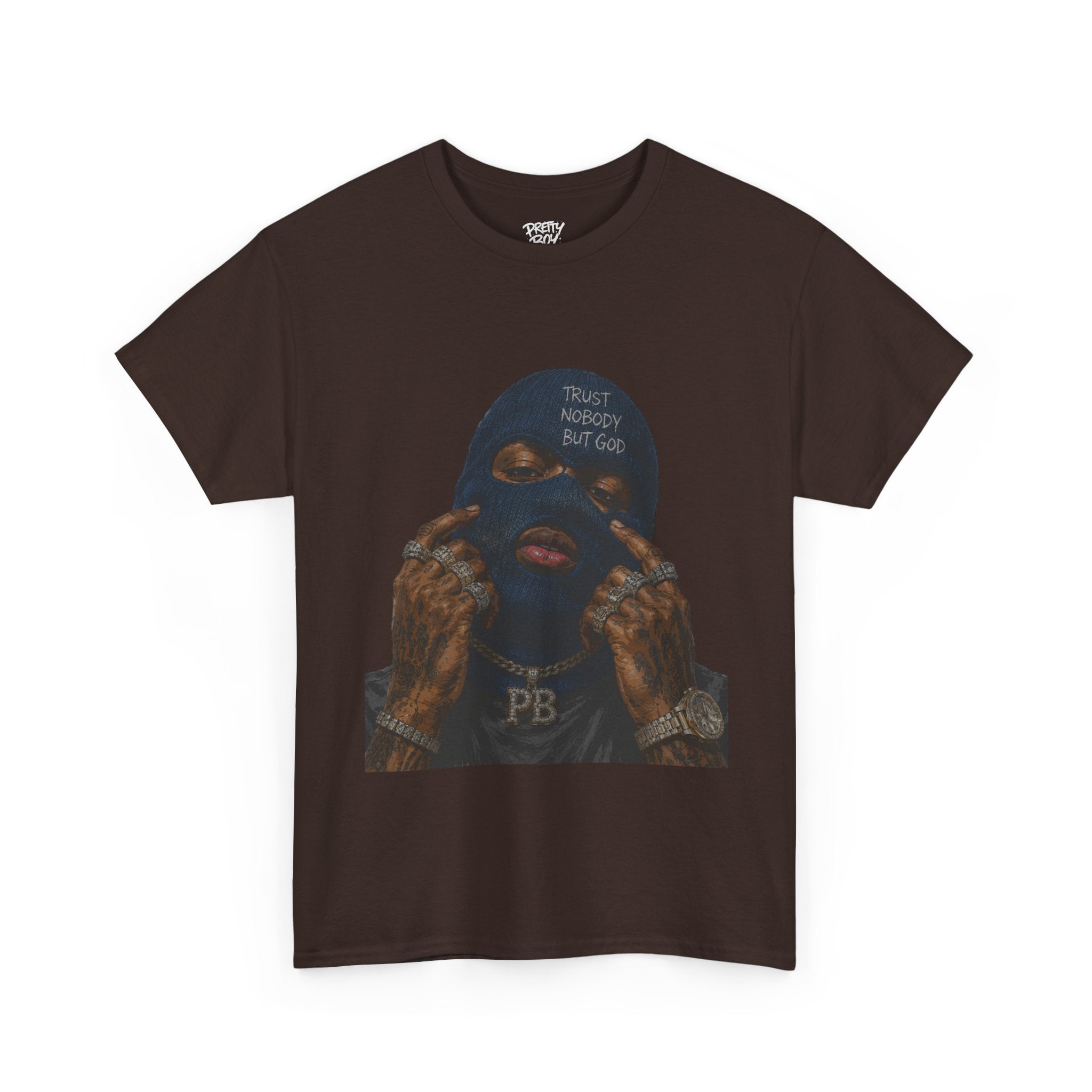 Graphic Tee — Masked Portrait with 'PB' Tattoo Streetwear