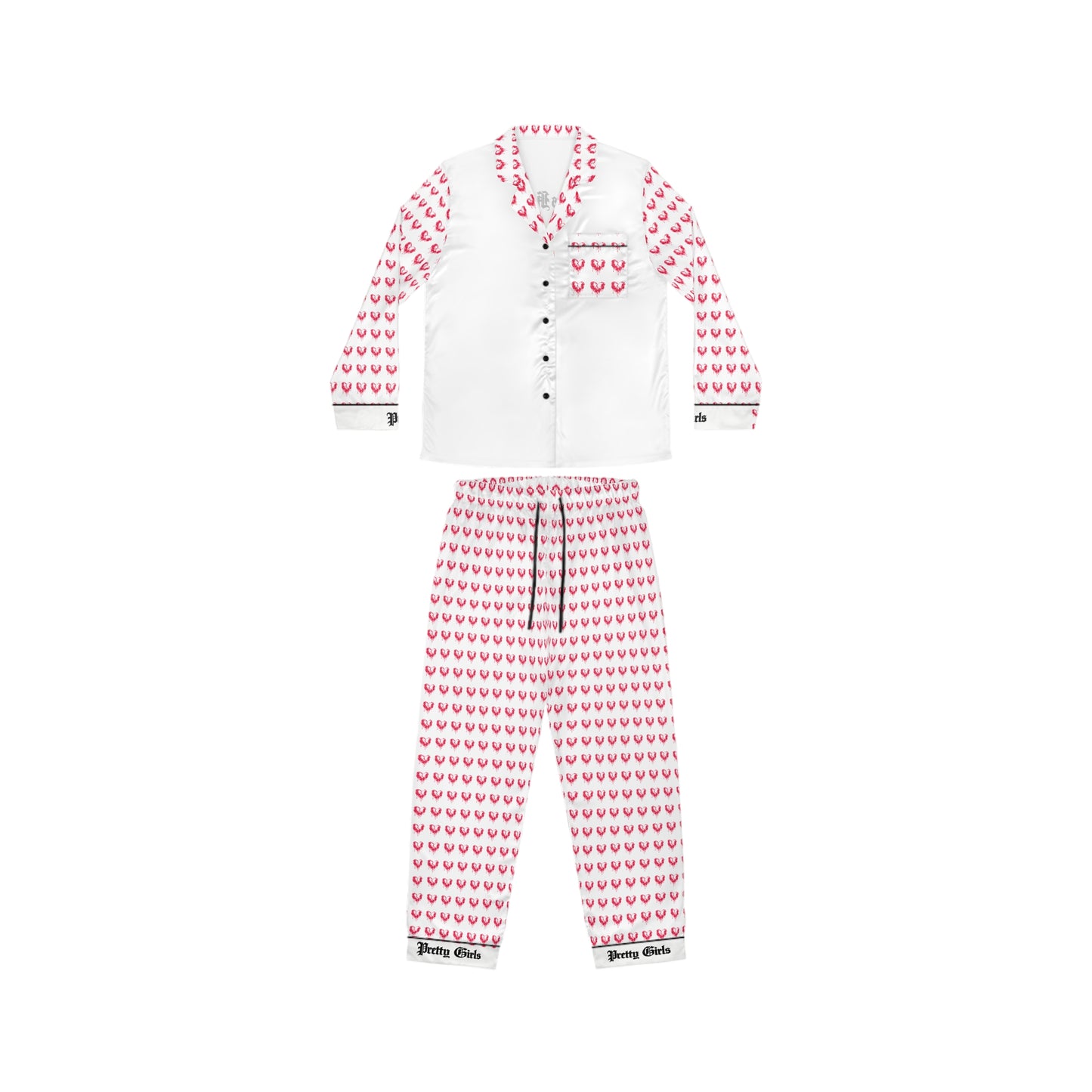 Women's Satin Pajama Set - Pink Heart Allover Print Sleepwear
