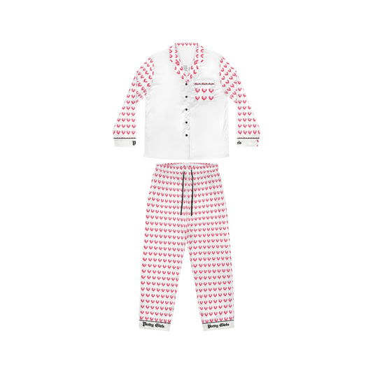 Women's Satin Pajama Set - Pink Heart Allover Print Sleepwear