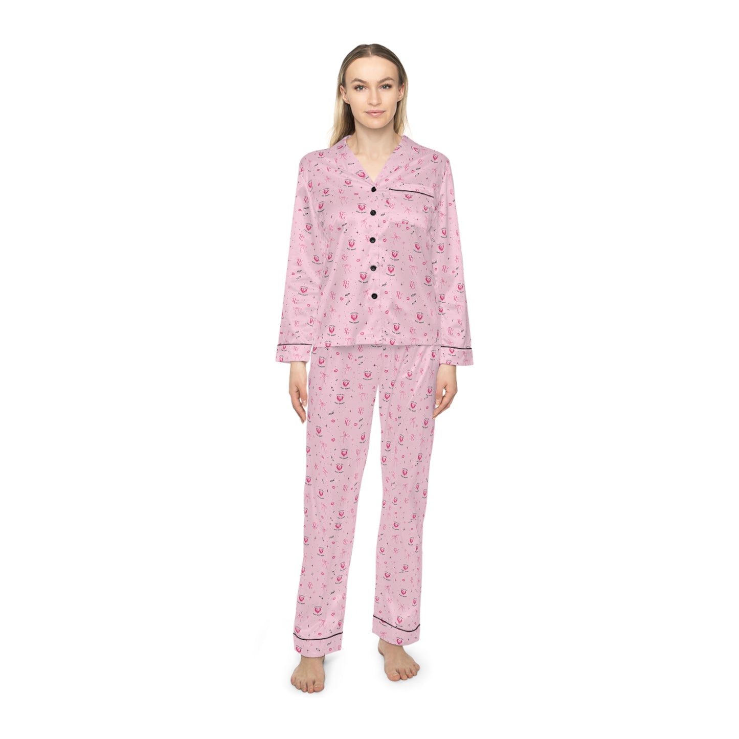 Pink Satin Women's Pajama Set — Cute Floral All-Over Print Sleepwear