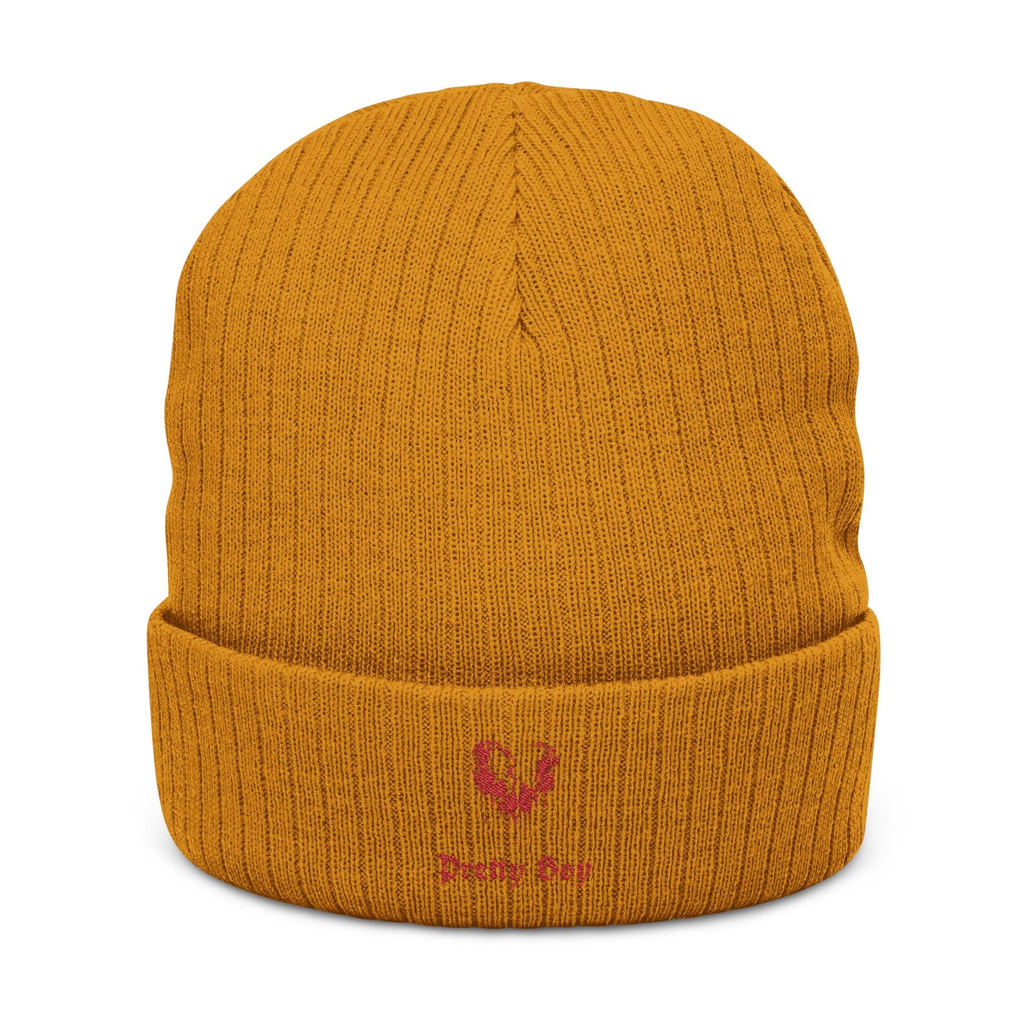 Embroidered "Pretty Boy" Red Heart Beanie - Ribbed Knit Cuffed Winter Hat