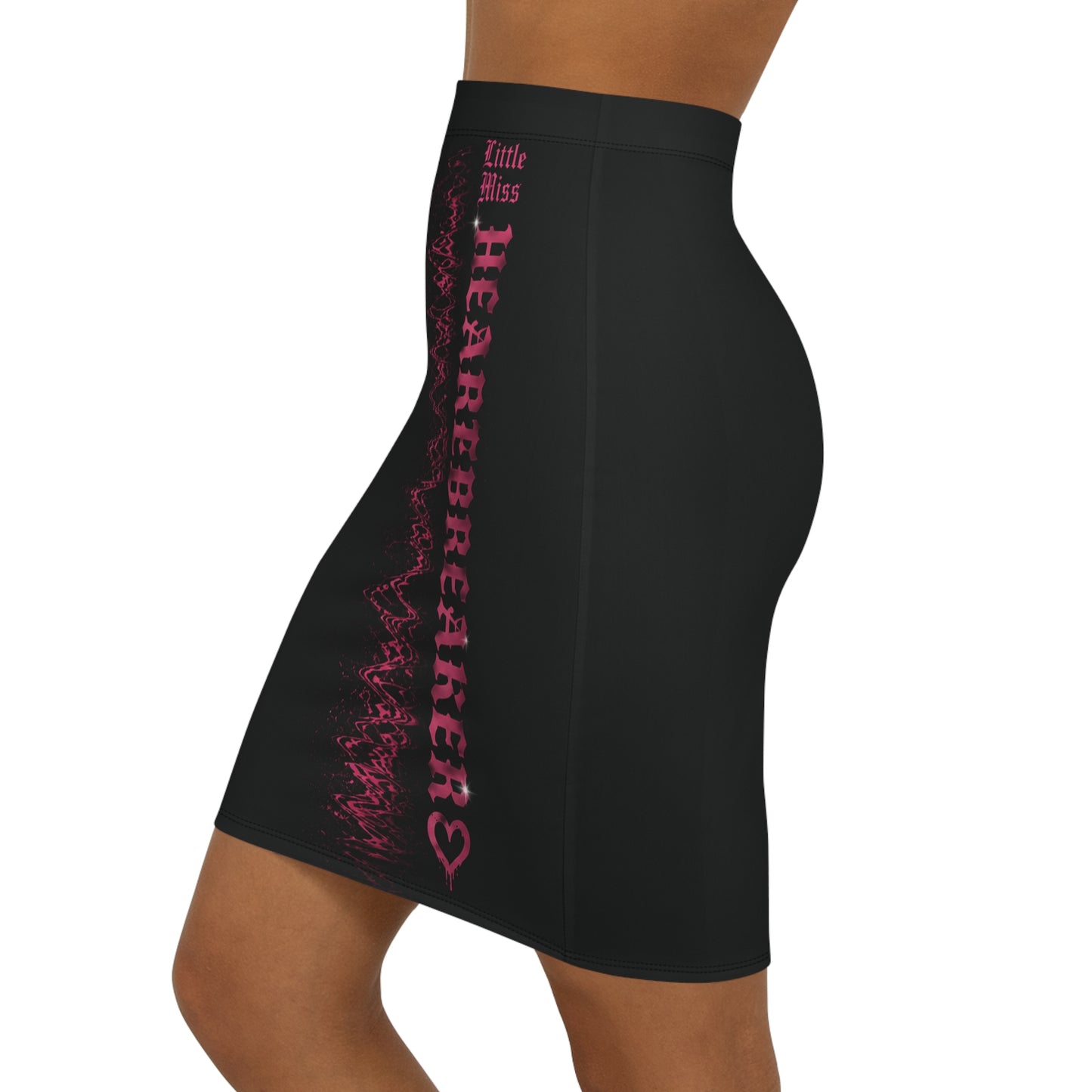 Heartbreaker Pencil Skirt — Black & Pink ECG Graphic Mid-Waist