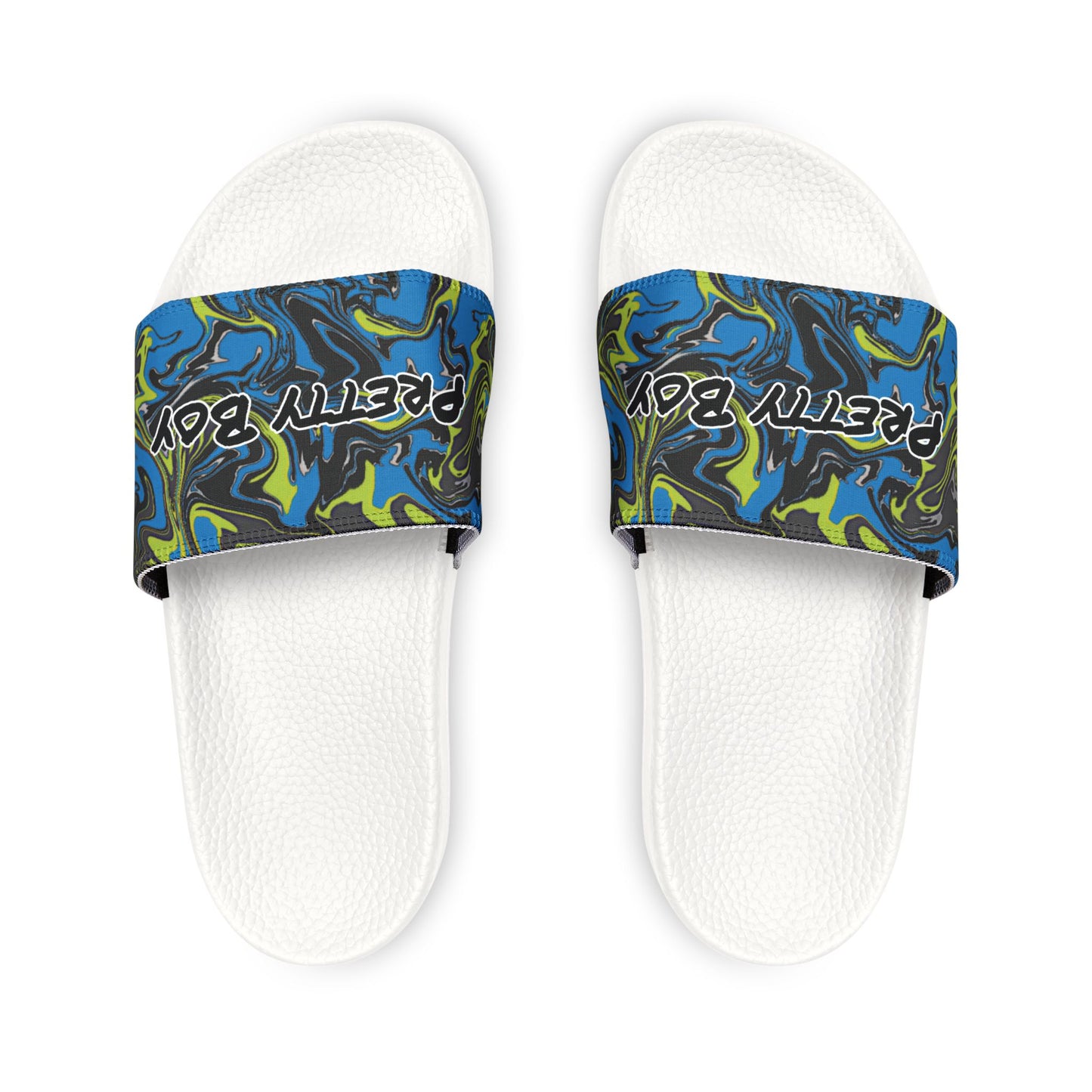 Slide Sandals — White Removable‑Strap Slides with 'Pretty Boy' Text