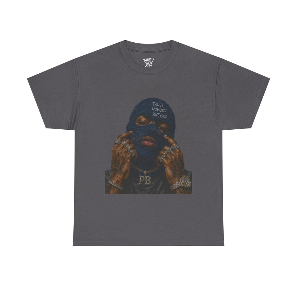 Graphic Tee — Masked Portrait with 'PB' Tattoo Streetwear