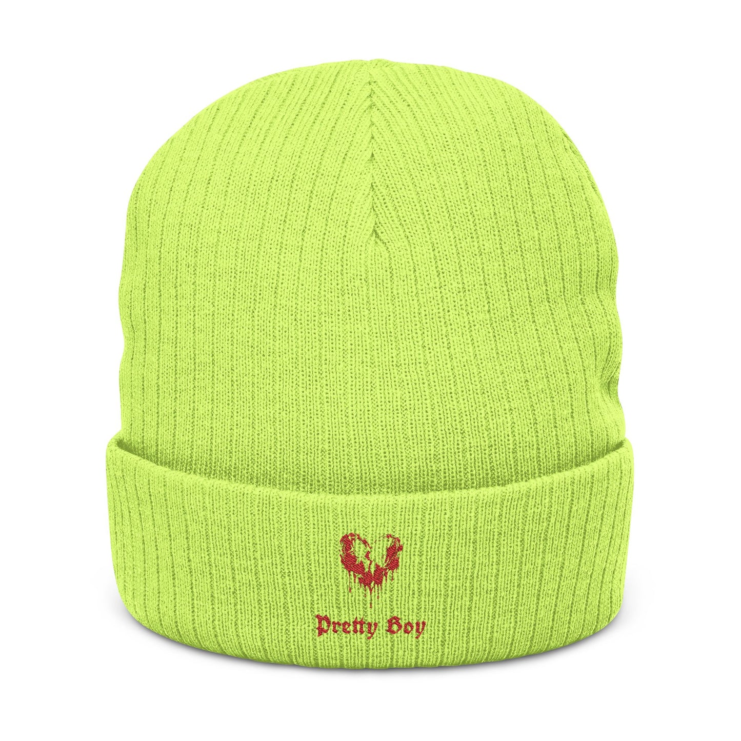 Embroidered "Pretty Boy" Red Heart Beanie - Ribbed Knit Cuffed Winter Hat