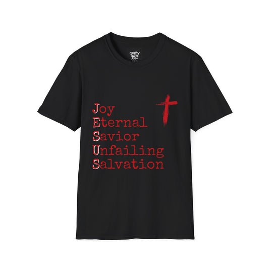 Christian Prayer T-Shirt - "Joy Eternal Savior Unfailing Salvation" with Cross & Praying Hands