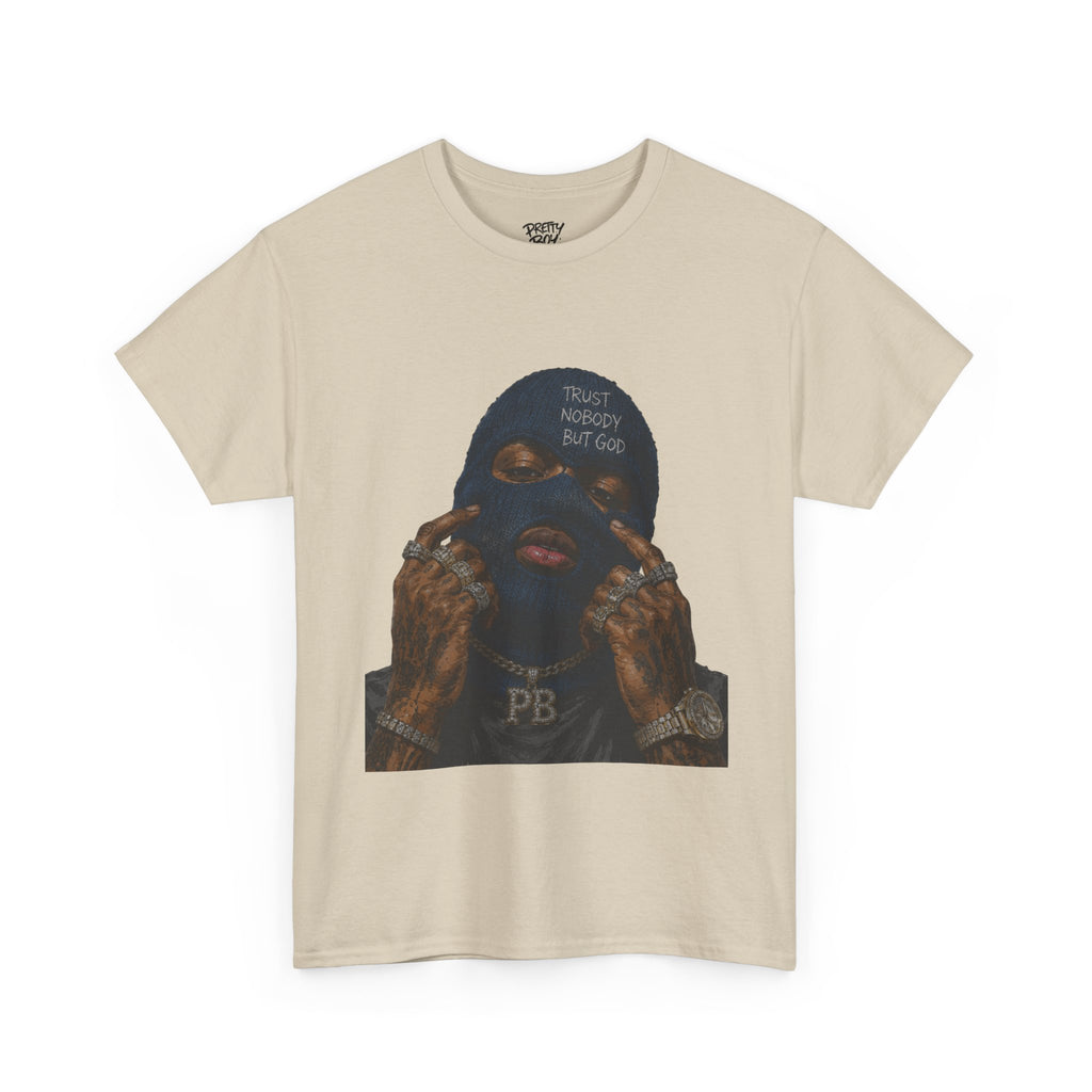 Graphic Tee — Masked Portrait with 'PB' Tattoo Streetwear