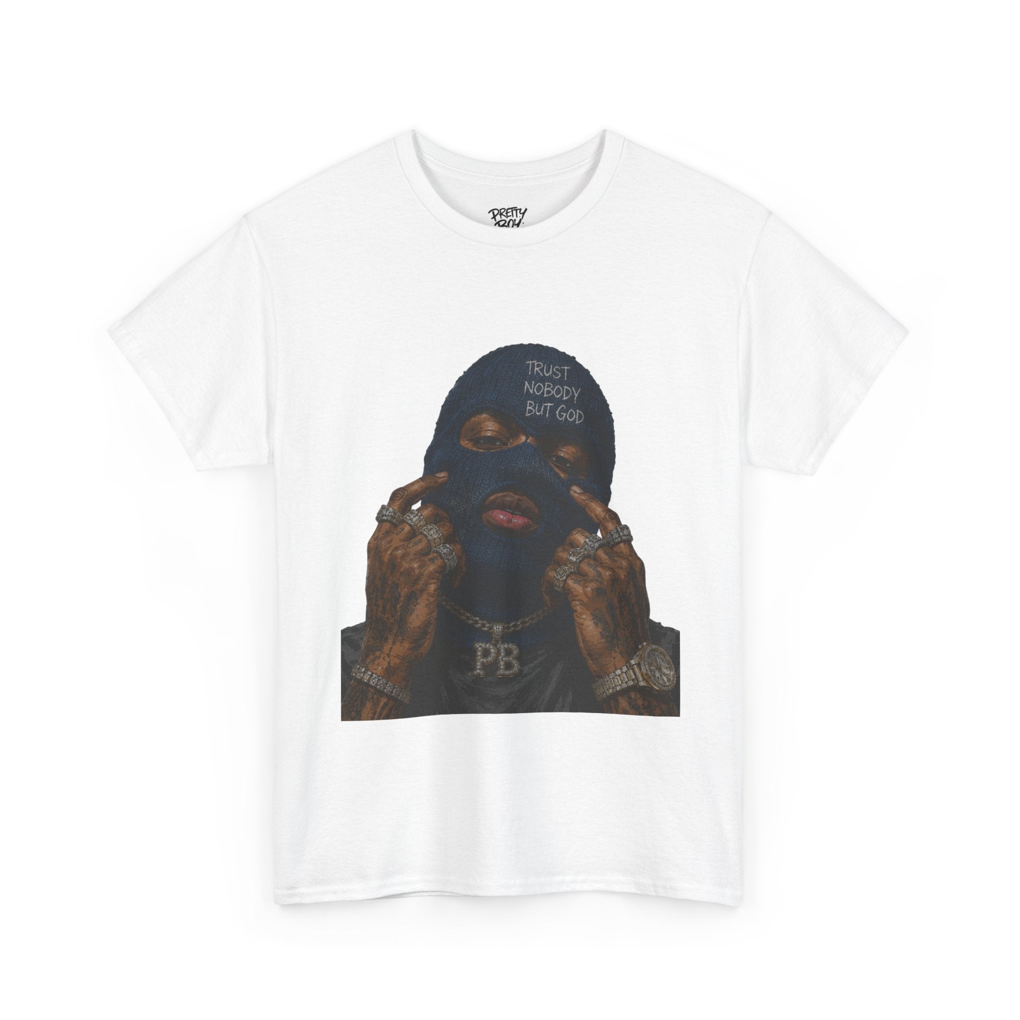 Graphic Tee — Masked Portrait with 'PB' Tattoo Streetwear