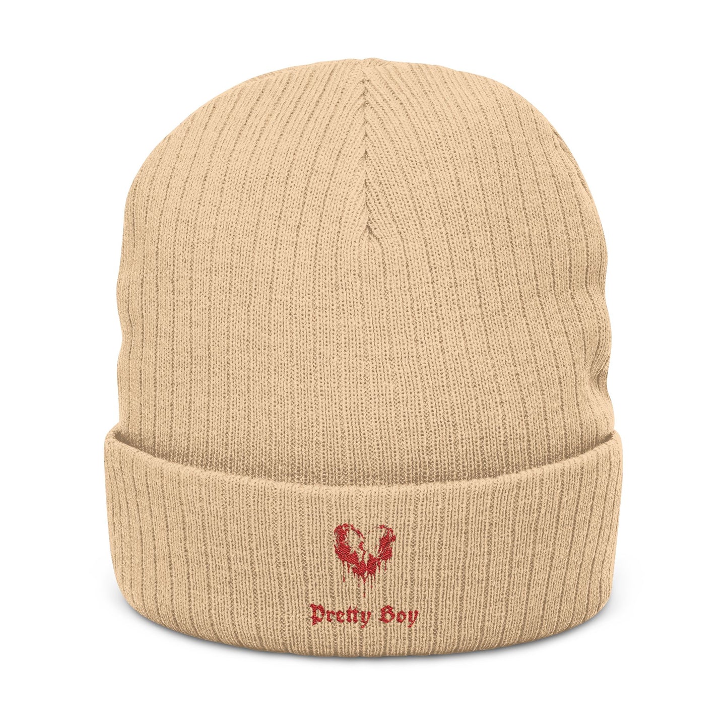 Embroidered "Pretty Boy" Red Heart Beanie - Ribbed Knit Cuffed Winter Hat
