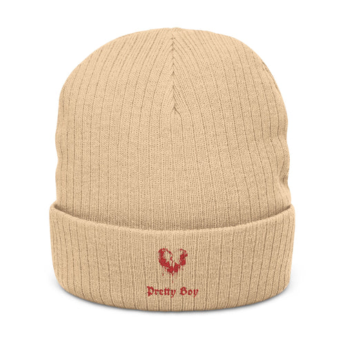 Embroidered "Pretty Boy" Red Heart Beanie - Ribbed Knit Cuffed Winter Hat