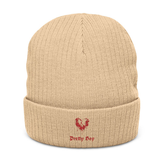 Embroidered "Pretty Boy" Red Heart Beanie - Ribbed Knit Cuffed Winter Hat