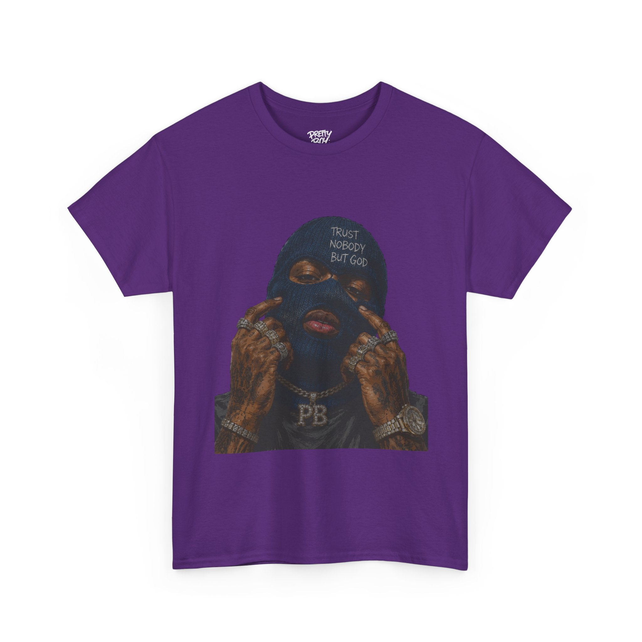 Graphic Tee — Masked Portrait with 'PB' Tattoo Streetwear