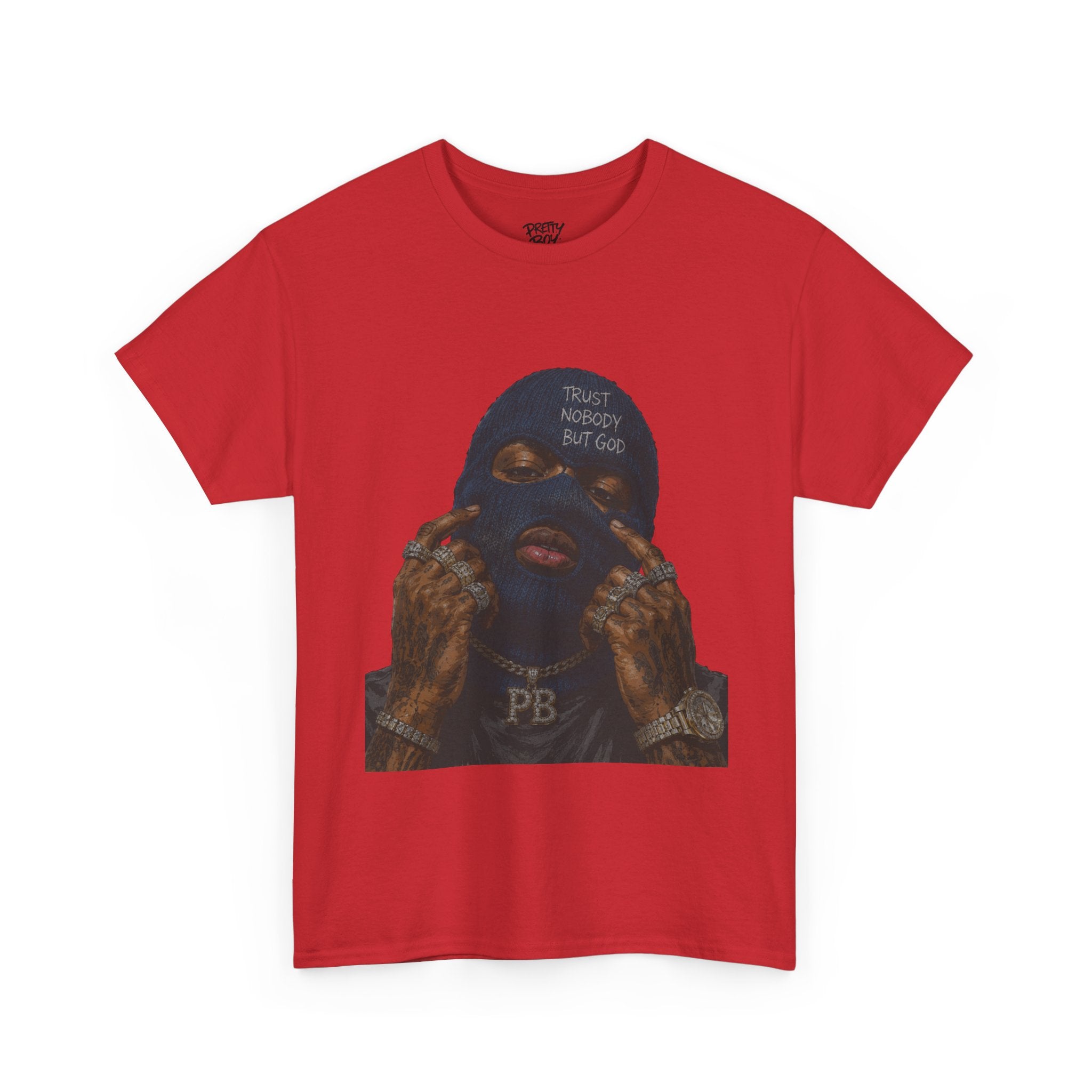 Graphic Tee — Masked Portrait with 'PB' Tattoo Streetwear