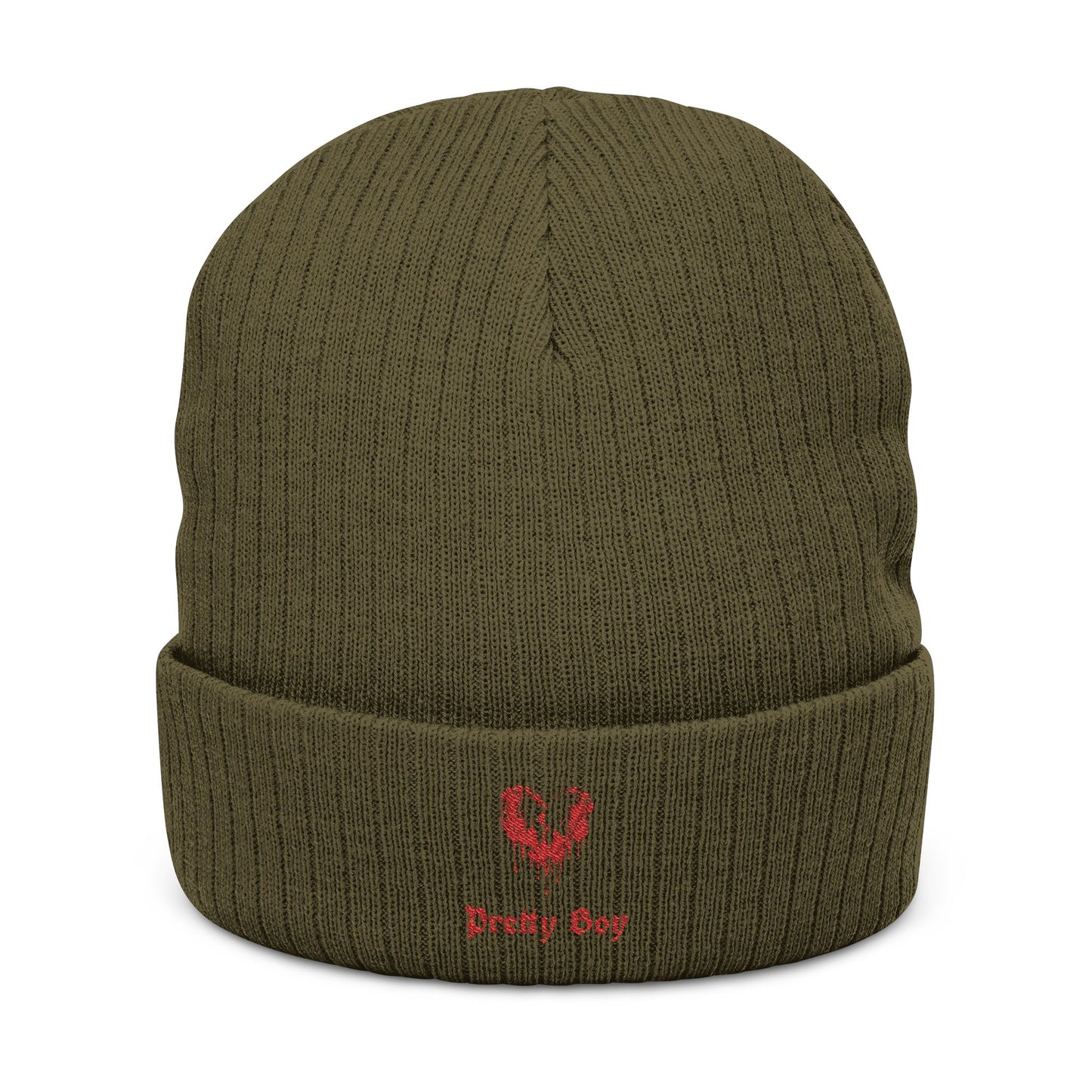 Embroidered "Pretty Boy" Red Heart Beanie - Ribbed Knit Cuffed Winter Hat