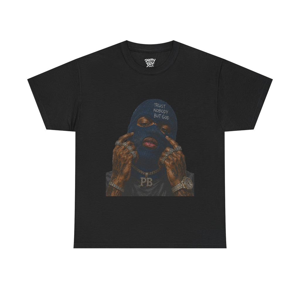 Graphic Tee — Masked Portrait with 'PB' Tattoo Streetwear