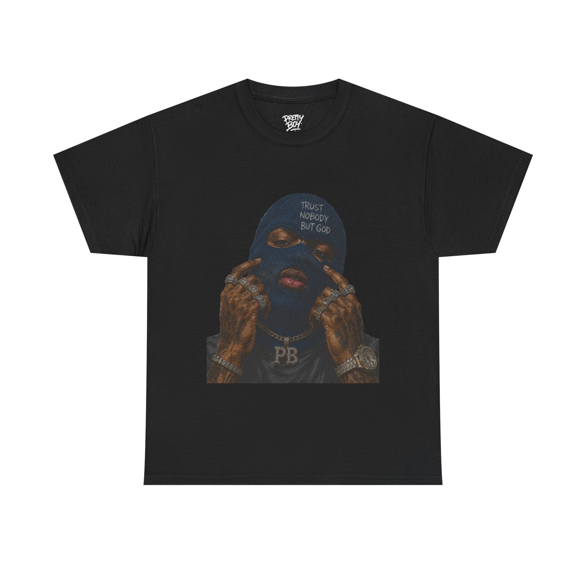 Graphic Tee — Masked Portrait with 'PB' Tattoo Streetwear