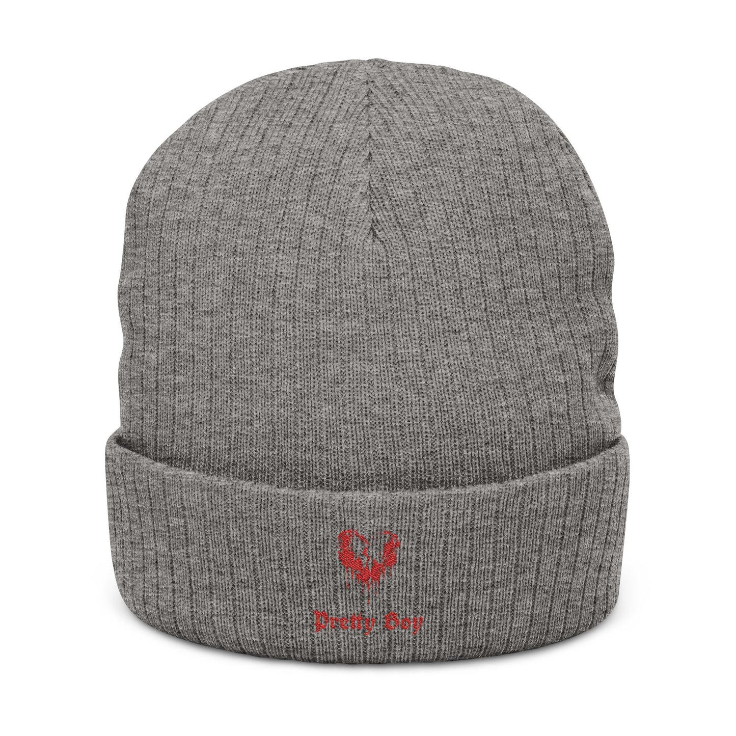 Embroidered "Pretty Boy" Red Heart Beanie - Ribbed Knit Cuffed Winter Hat