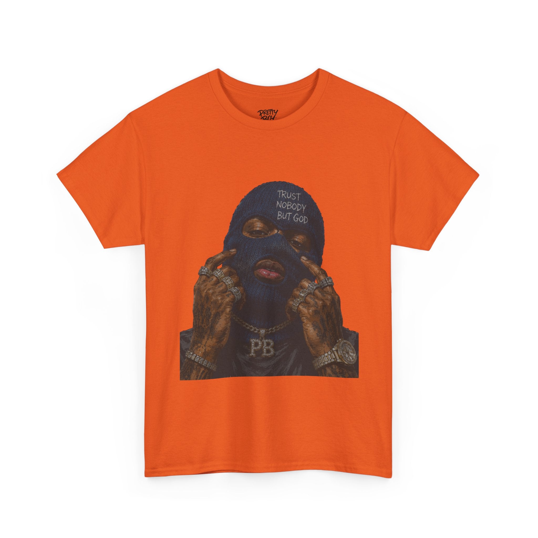 Graphic Tee — Masked Portrait with 'PB' Tattoo Streetwear