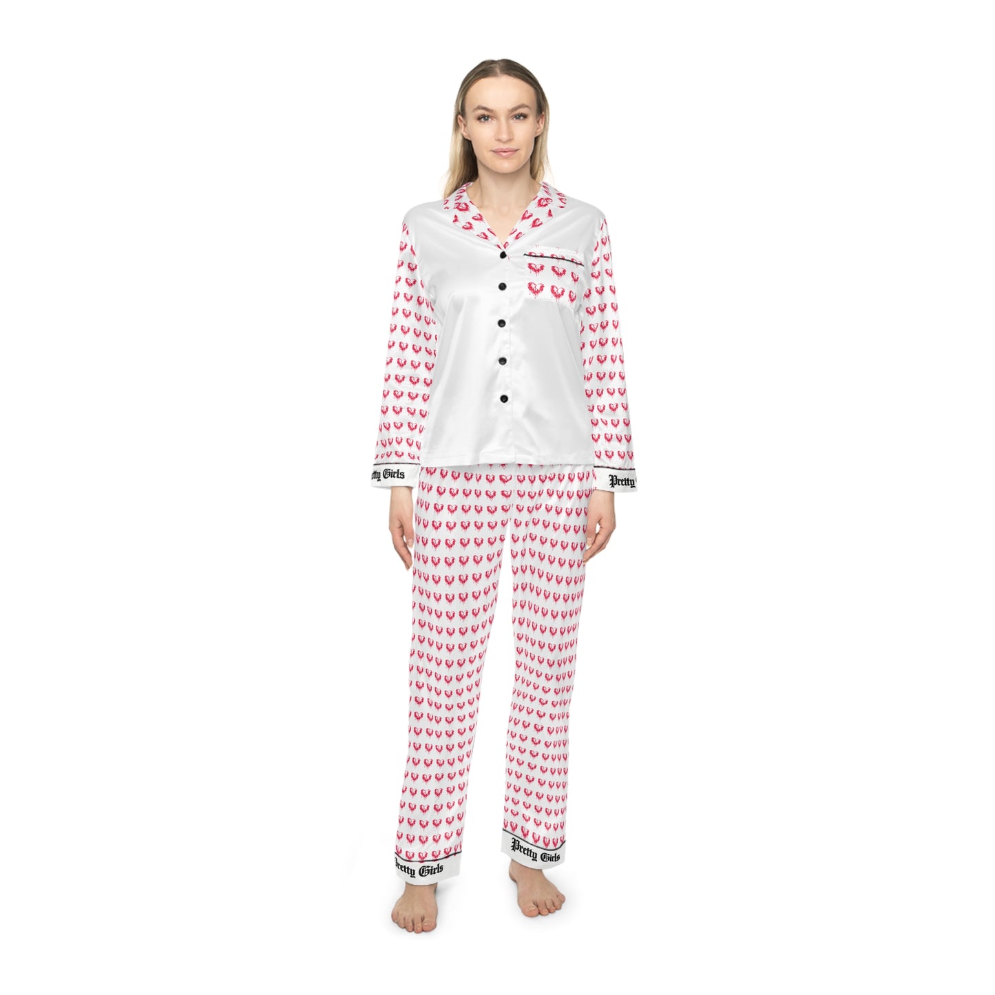 Women's Satin Pajama Set - Pink Heart Allover Print Sleepwear