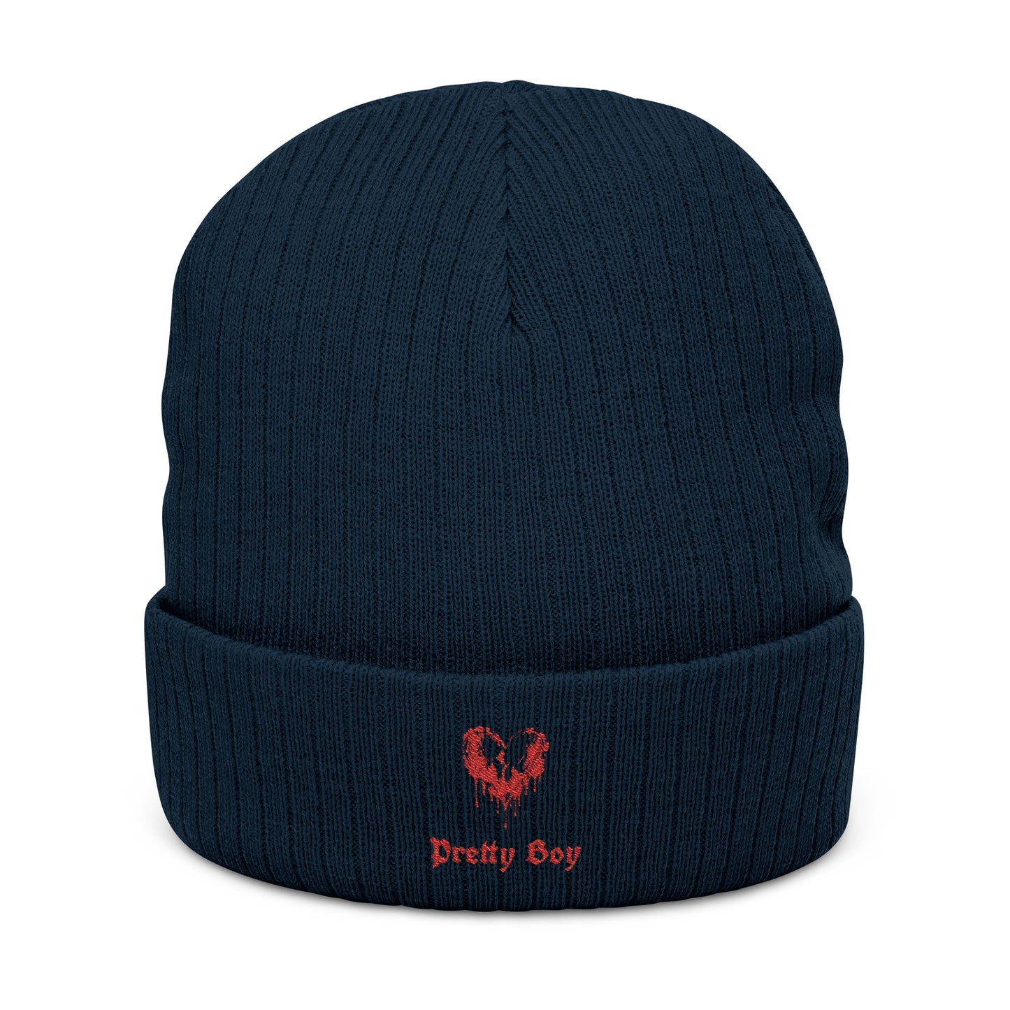 Embroidered "Pretty Boy" Red Heart Beanie - Ribbed Knit Cuffed Winter Hat