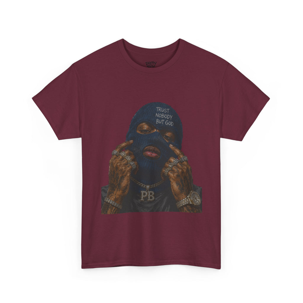 Graphic Tee — Masked Portrait with 'PB' Tattoo Streetwear