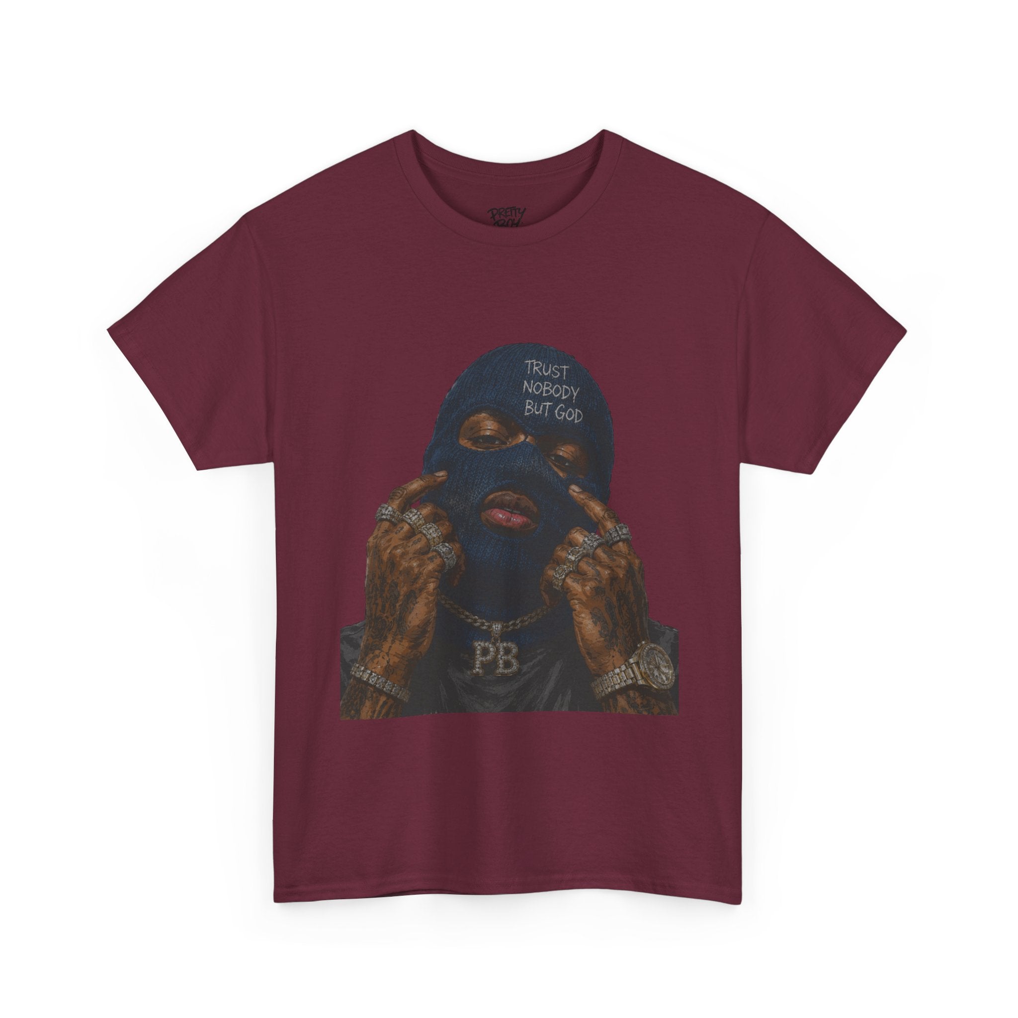 Graphic Tee — Masked Portrait with 'PB' Tattoo Streetwear