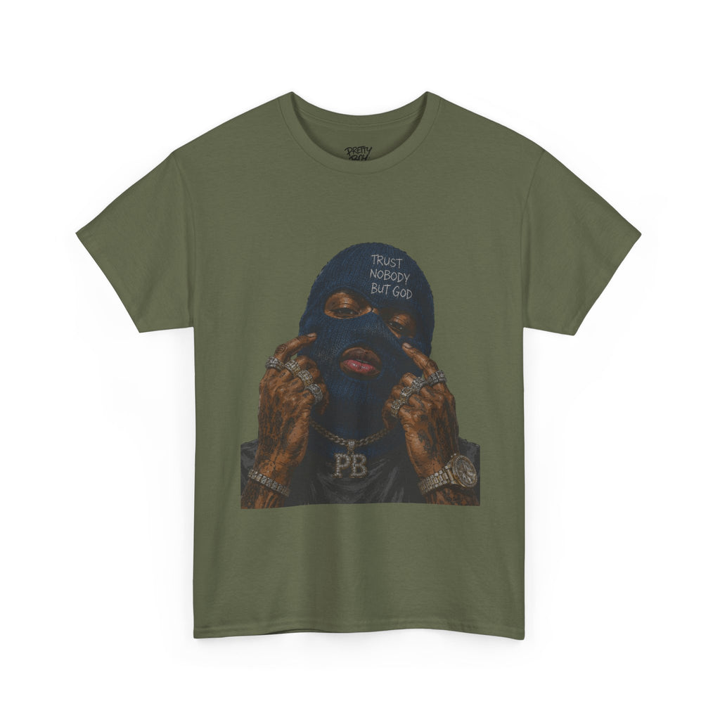Graphic Tee — Masked Portrait with 'PB' Tattoo Streetwear